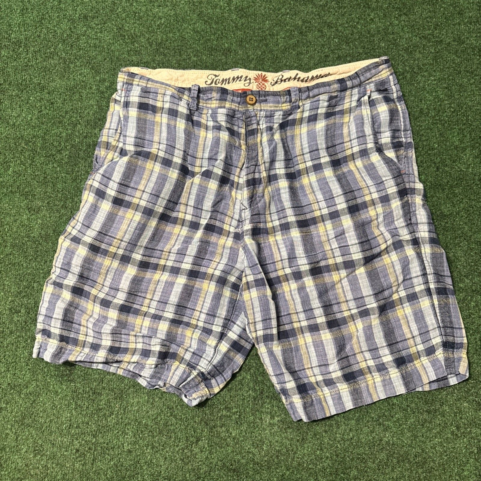 Tommy Bahama Men's 34 Linen Tencel Blend Blue Plaid Camp Relax Shorts 10" Inseam